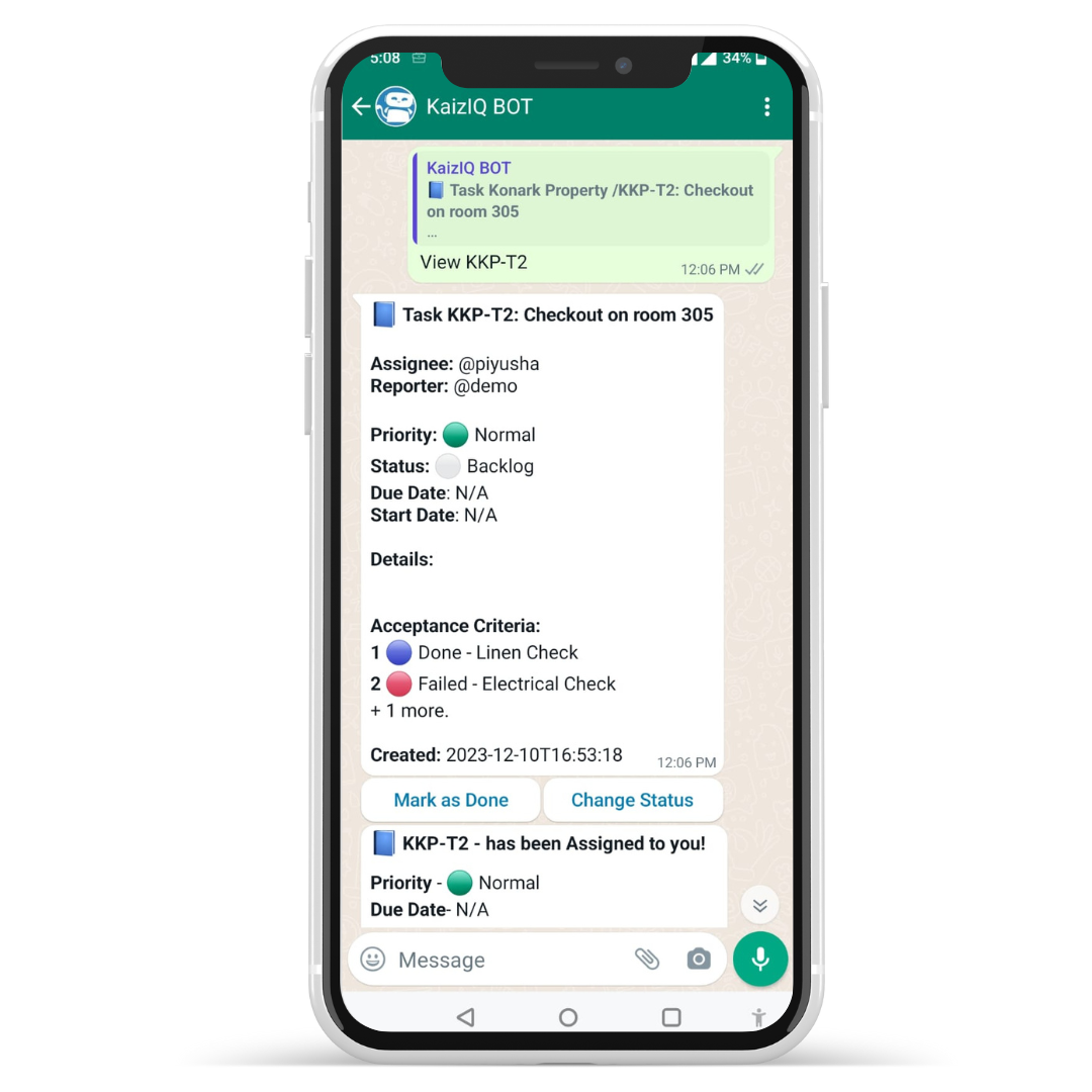 kaiziq whatsapp bot enables you to get notified and updated on your tasks